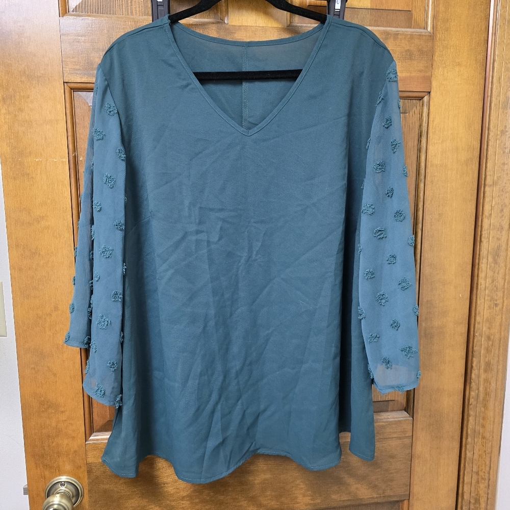 Emerald Green Blouse Sheer 3/4 Sleeve 2X